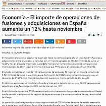 El importe de operaciones de fusiones y adquisiciones en Espaa aumenta un 12% hasta noviembre